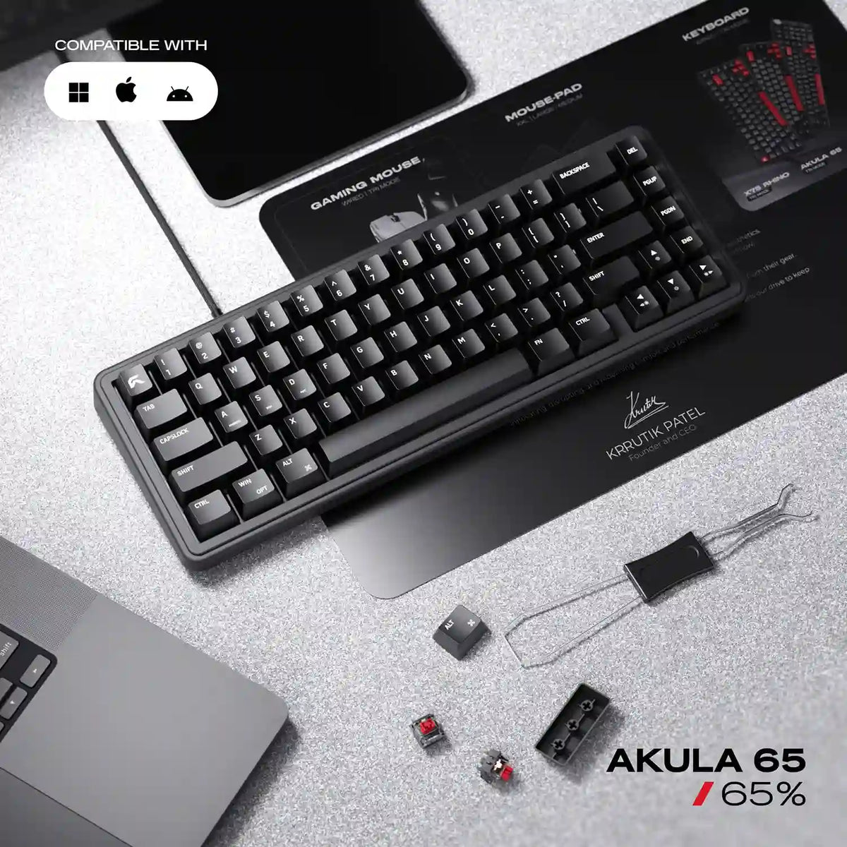 Compact 65% layout Cybeart Akula 65 Lite Wired RGB Mechanical Keyboard on desk setup showing cross-platform OS compatibility -tpstech.in