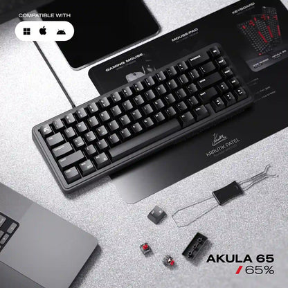 Compact 65% layout Cybeart Akula 65 Lite Wired RGB Mechanical Keyboard on desk setup showing cross-platform OS compatibility -tpstech.in