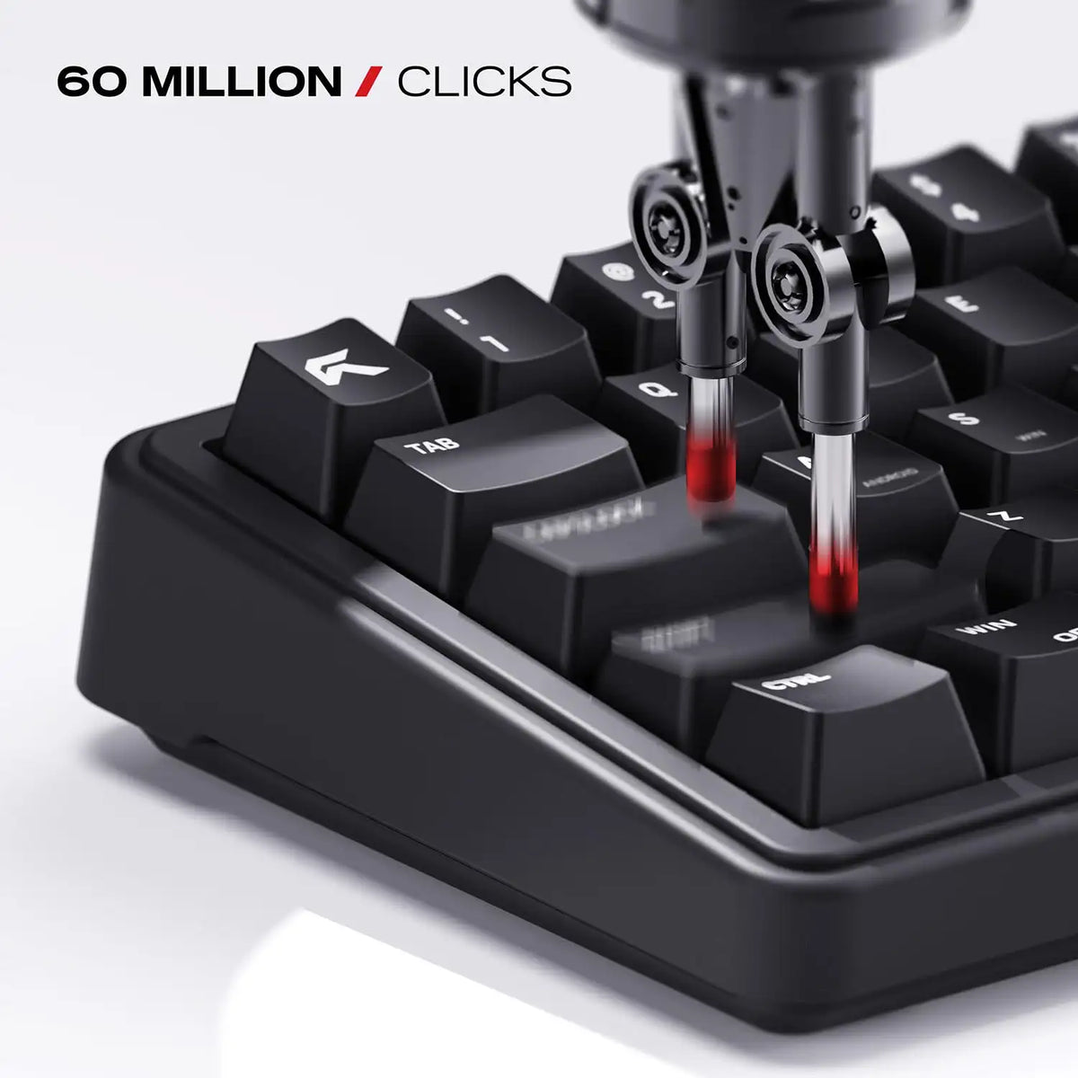 Automated keystroke durability testing showing 60 million click lifespan of Cybeart Akula 65 Lite Compact 65% Wired RGB Mechanical Keyboard -tpstech.in