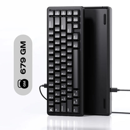 Front and back view of Cybeart Akula 65 Lite Compact 65% Wired RGB Mechanical Keyboard showing lightweight 679g build -tpstech.in