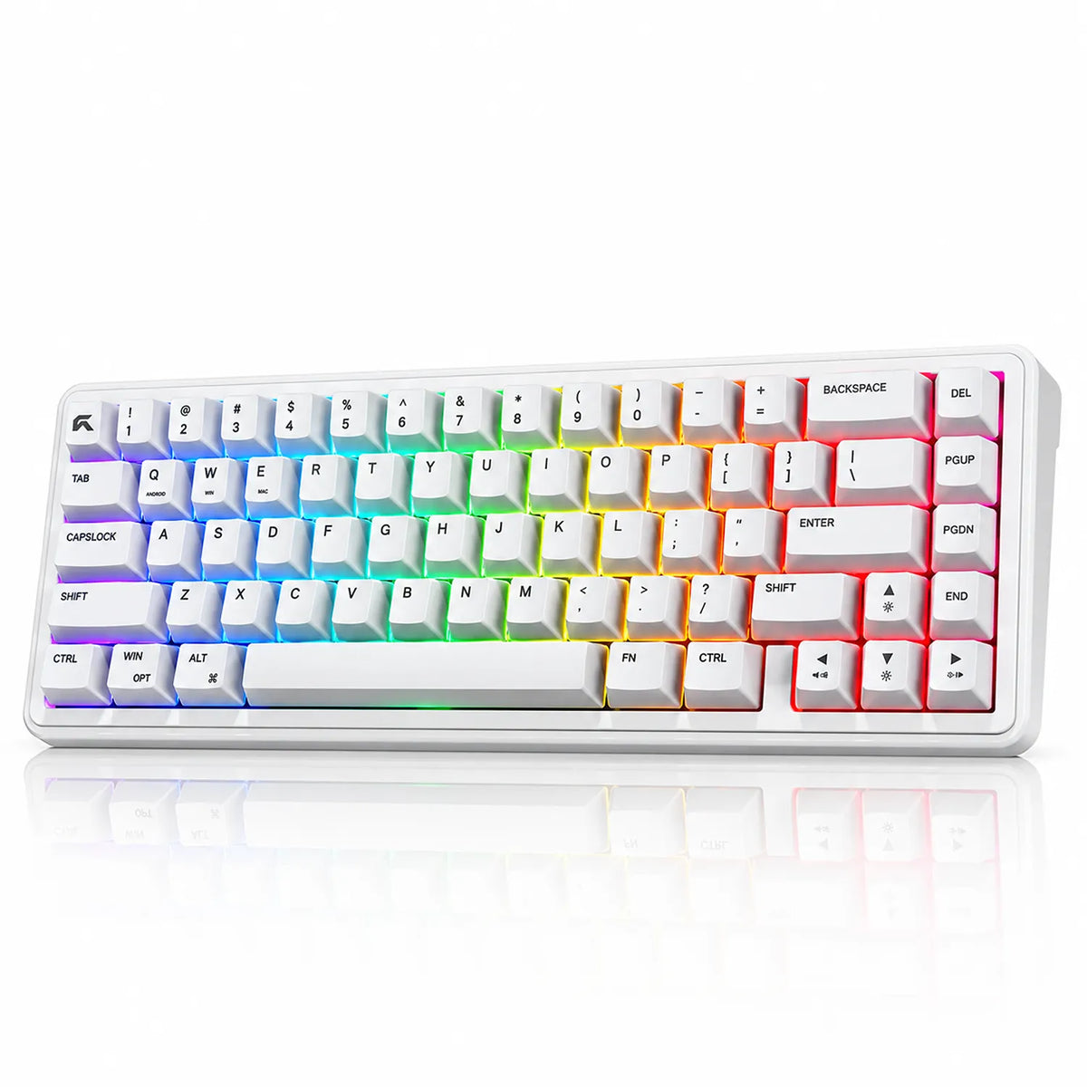 Angled perspective view of CYBEART Akula 65 Mechanical Gaming Keyboard Wireless Tri-Mode RGB White illuminated with RGB backlighting -tpstech.in