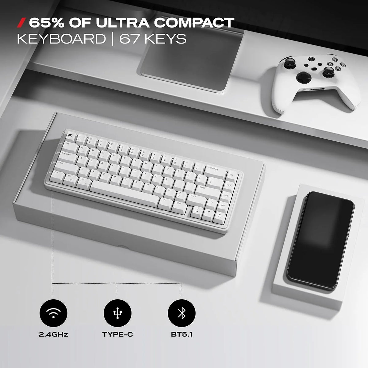 CYBEART Akula 65 Mechanical Gaming Keyboard Wireless Tri-Mode RGB White showing 65 percent 67 key layout and tri-mode connectivity[cite: 45] -tpstech.in