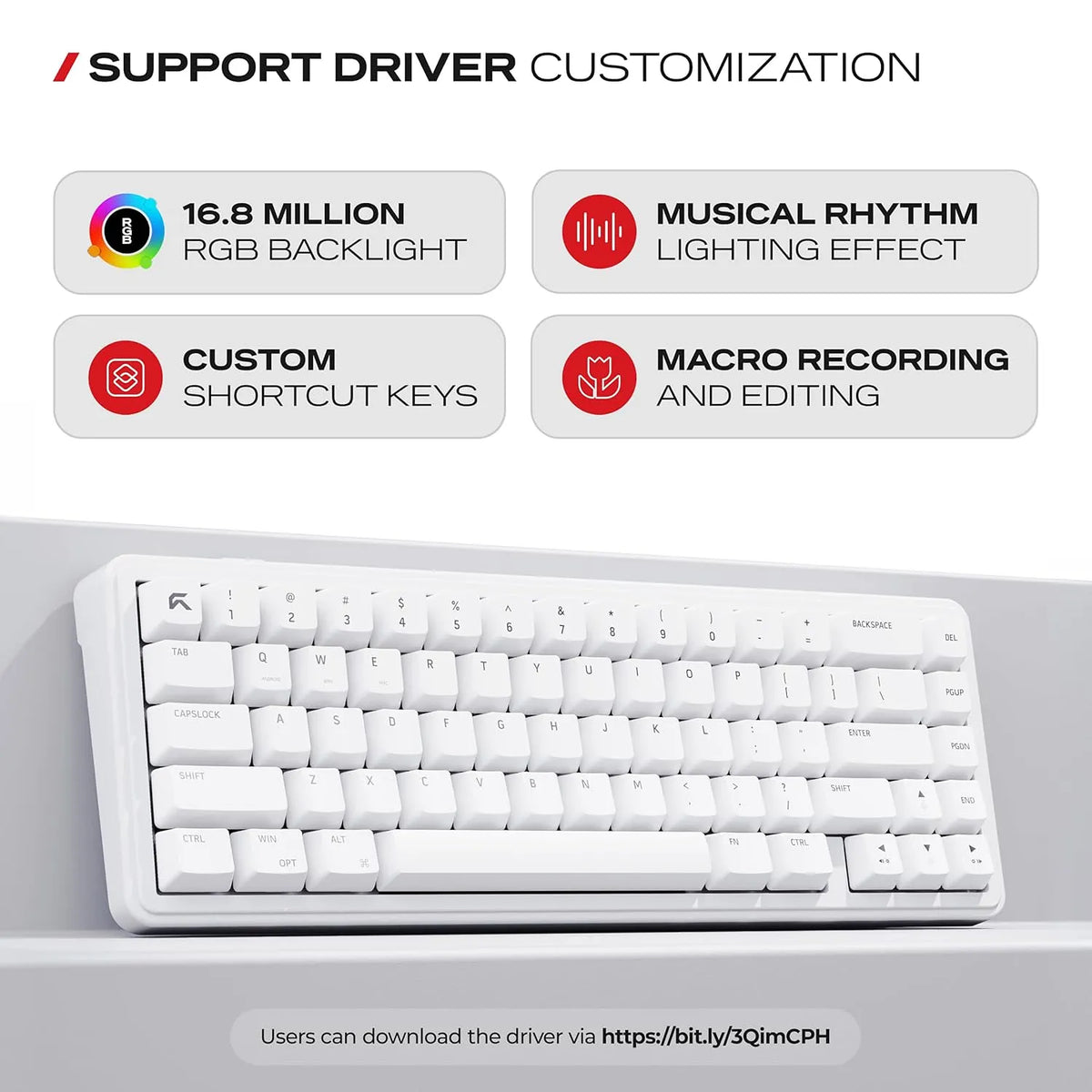 Software driver customization and macro recording support for CYBEART Akula 65 Mechanical Gaming Keyboard Wireless Tri-Mode RGB White -tpstech.in