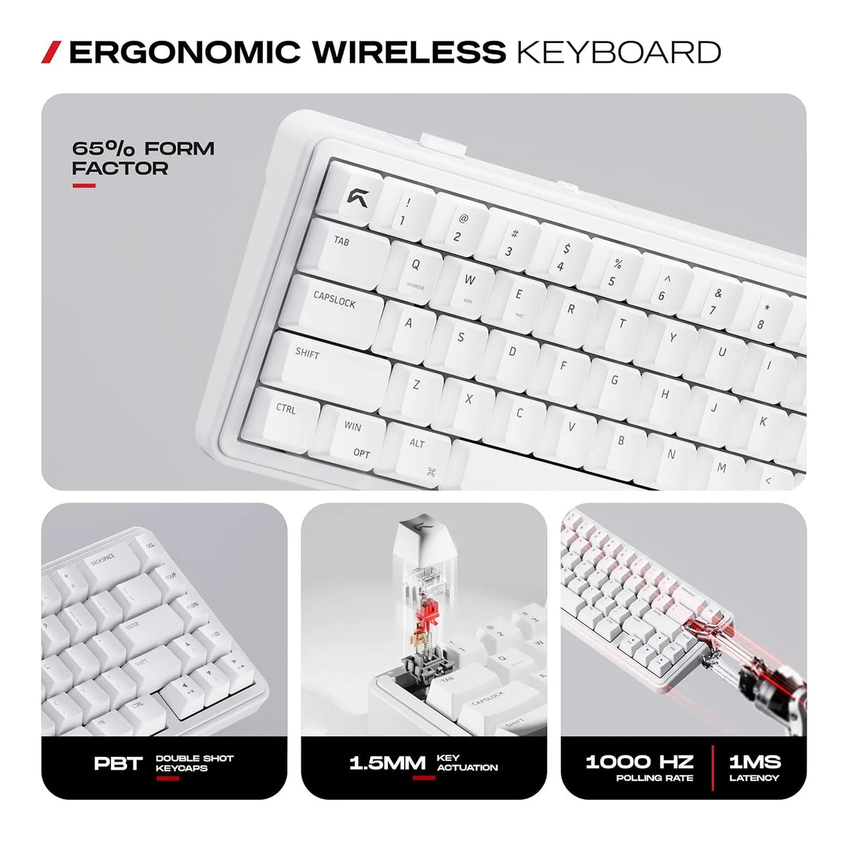 Double shot PBT keycaps and 1.5mm key actuation details of CYBEART Akula 65 Mechanical Gaming Keyboard Wireless Tri-Mode RGB White[cite: 48] -tpstech.in