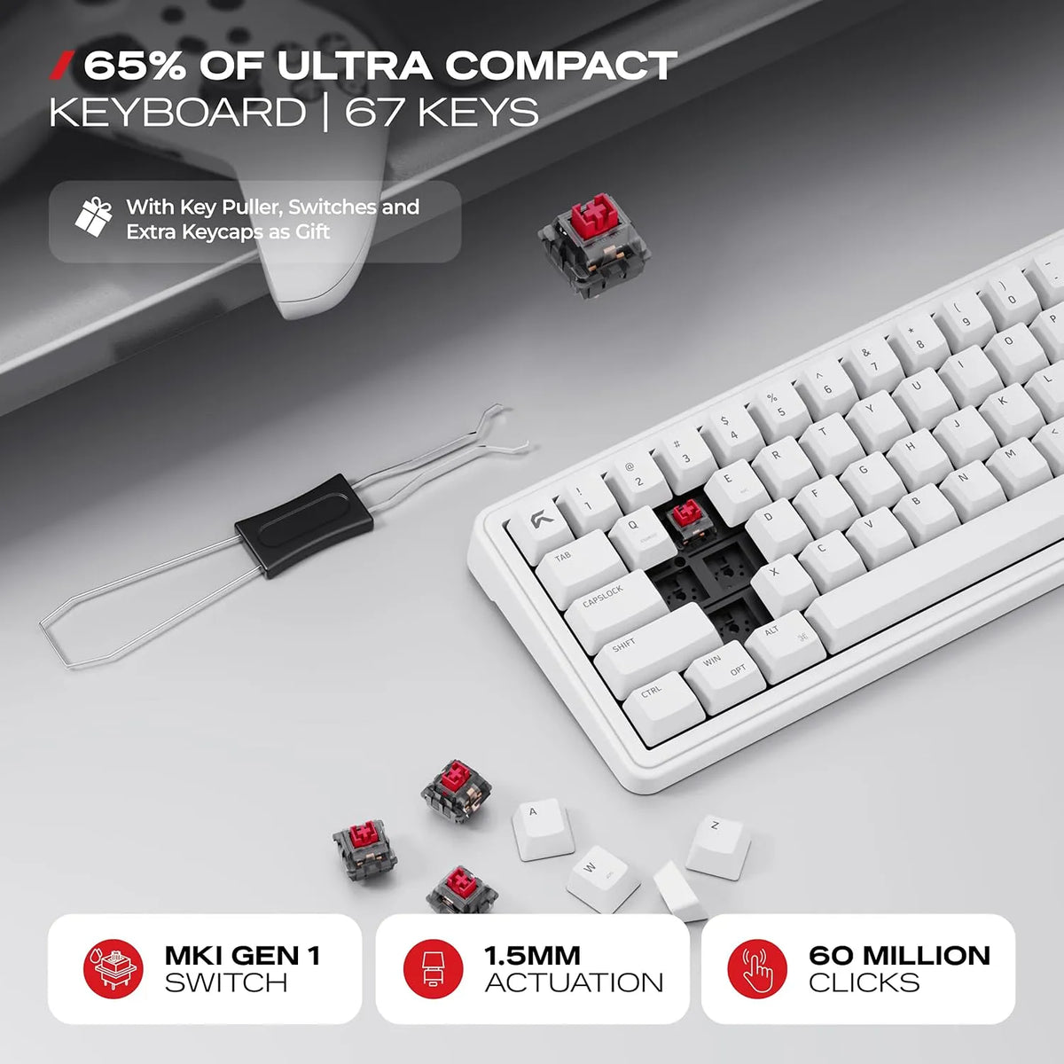 CYBEART Akula 65 Mechanical Gaming Keyboard Wireless Tri-Mode RGB White with keycap puller, extra white keycaps, and linear switches[cite: 46] -tpstech.in