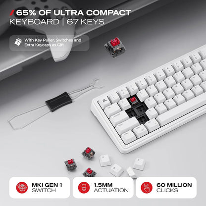 CYBEART Akula 65 Mechanical Gaming Keyboard Wireless Tri-Mode RGB White with keycap puller, extra white keycaps, and linear switches[cite: 46] -tpstech.in