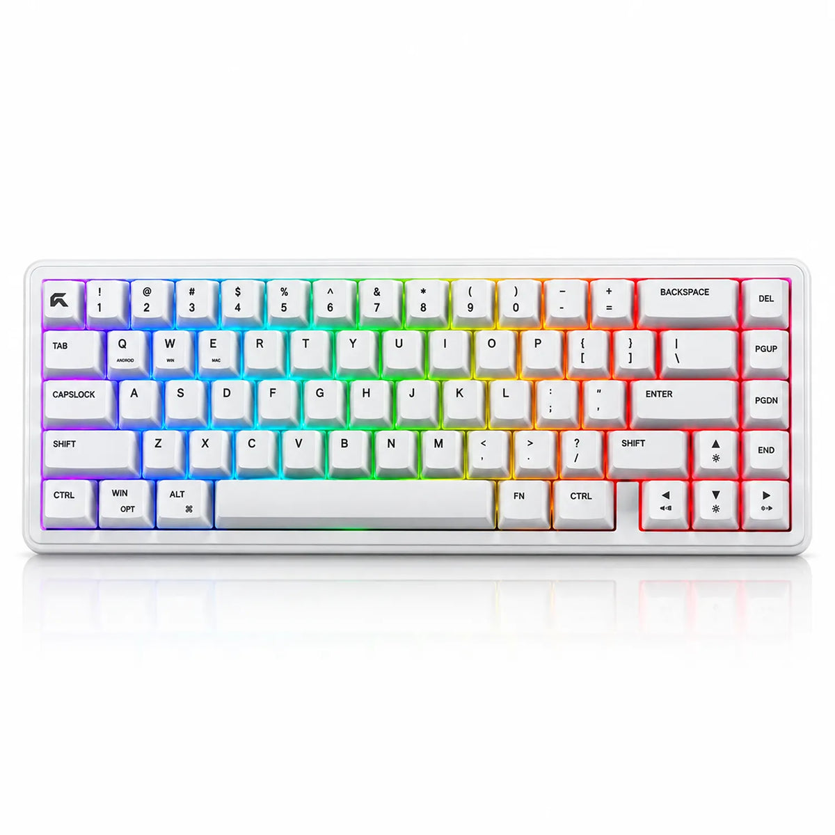 Top down view of CYBEART Akula 65 Mechanical Gaming Keyboard Wireless Tri-Mode RGB White displaying full RGB light spectrum -tpstech.in
