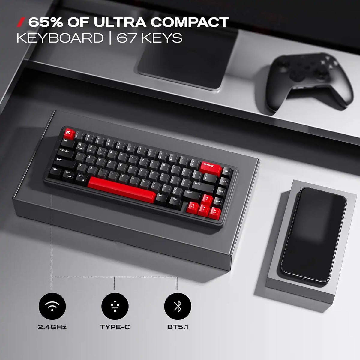 CYBEART Akula 65 Wireless Mechanical Gaming Keyboard Tri-Mode with 65 percent ultra-compact 67-key layout on desk[cite: 35] -tpstech.in