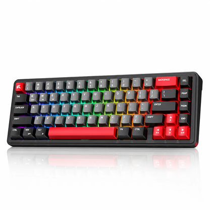 Isometric perspective view of CYBEART Akula 65 Wireless Mechanical Gaming Keyboard Tri-Mode showcasing red and black keycaps with RGB lighting -tpstech.in