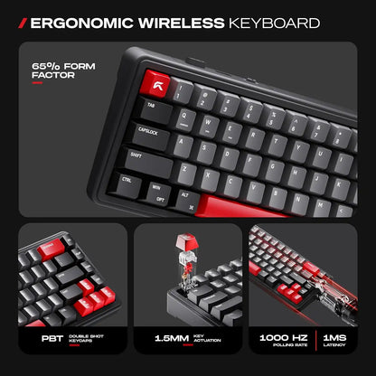 Close-up view of double shot PBT keycaps and linear switch actuation of CYBEART Akula 65 Wireless Mechanical Gaming Keyboard Tri-Mode[cite: 37] -tpstech.in