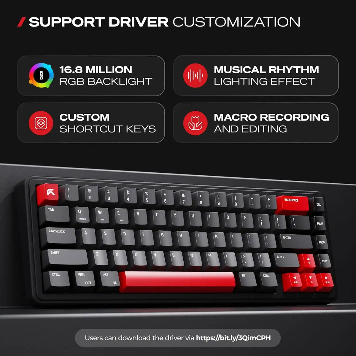 Software driver customization features including macro recording for CYBEART Akula 65 Wireless Mechanical Gaming Keyboard Tri-Mode -tpstech.in
