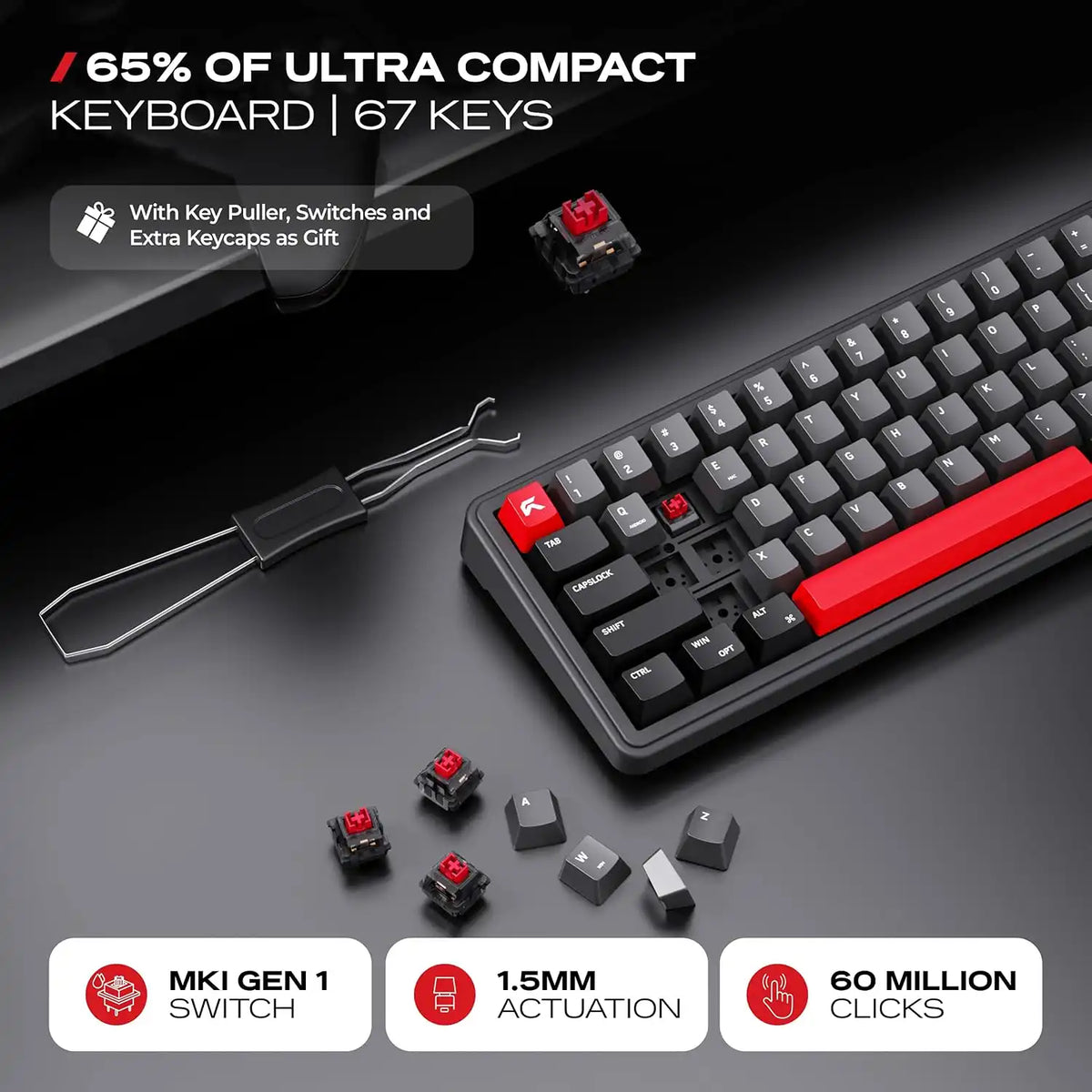 CYBEART Akula 65 Wireless Mechanical Gaming Keyboard Tri-Mode with included keycap puller, extra keycaps, and switches-tpstech.in