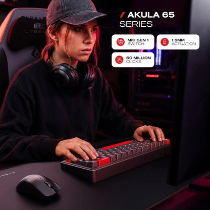 Gamer using CYBEART Akula 65 Wireless Mechanical Gaming Keyboard Tri-Mode at a gaming desk with mouse and headset[cite: 38] -tpstech.in