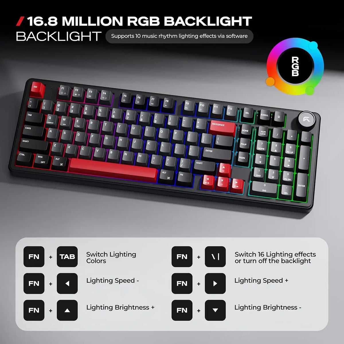 16.8 million RGB backlight and lighting function shortcut keys of CYBEART Akula 99 Wireless Mechanical Gaming Keyboard Tri-Mode RGB -tpstech.in