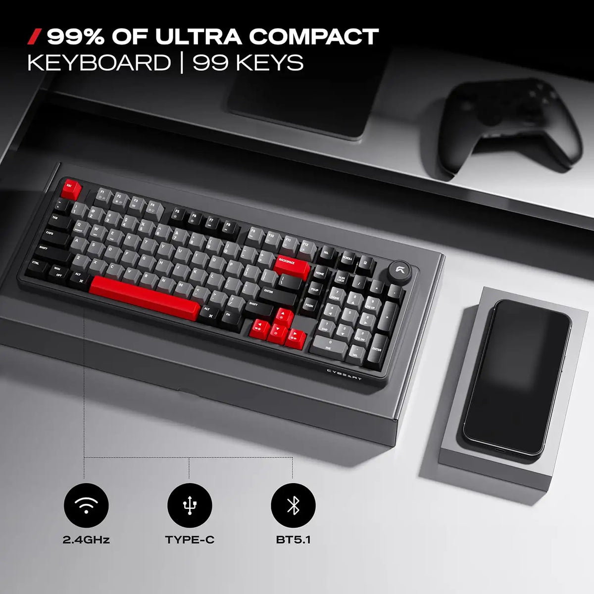 CYBEART Akula 99 Wireless Mechanical Gaming Keyboard Tri-Mode RGB featuring 99 keys ultra compact layout with tri-mode connectivity on desk setup -tpstech.in