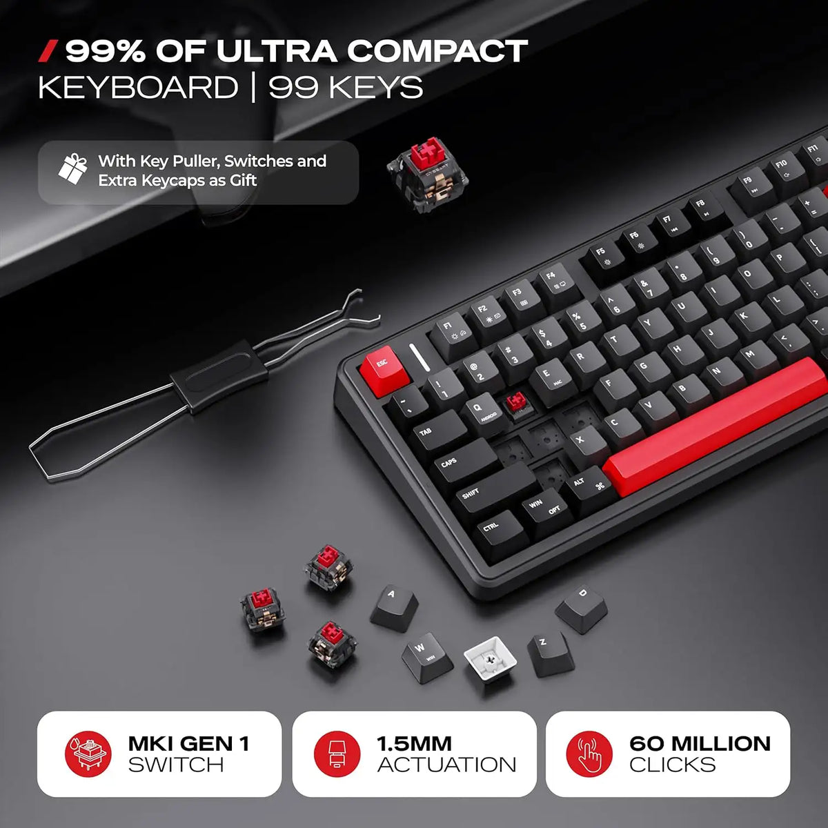Keycap puller with extra keycaps and MKI Gen 1 switches for CYBEART Akula 99 Wireless Mechanical Gaming Keyboard Tri-Mode RGB -tpstech.in