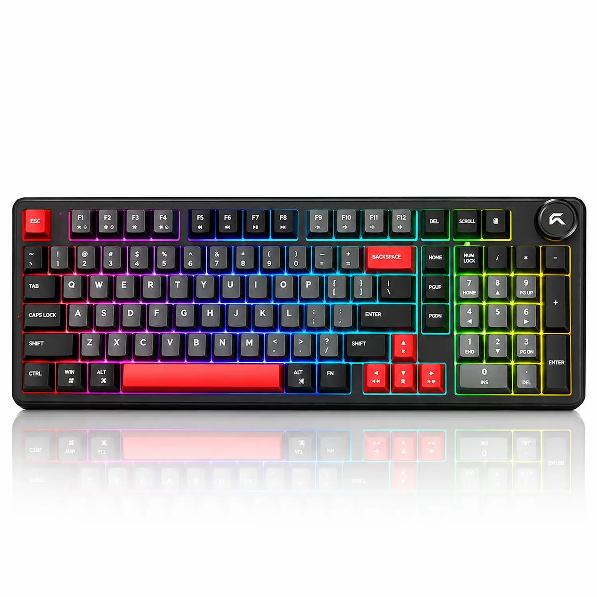 Side angled perspective of CYBEART Akula 99 Wireless Mechanical Gaming Keyboard Tri-Mode RGB displaying red and black keycaps with active RGB backlighting -tpstech.in