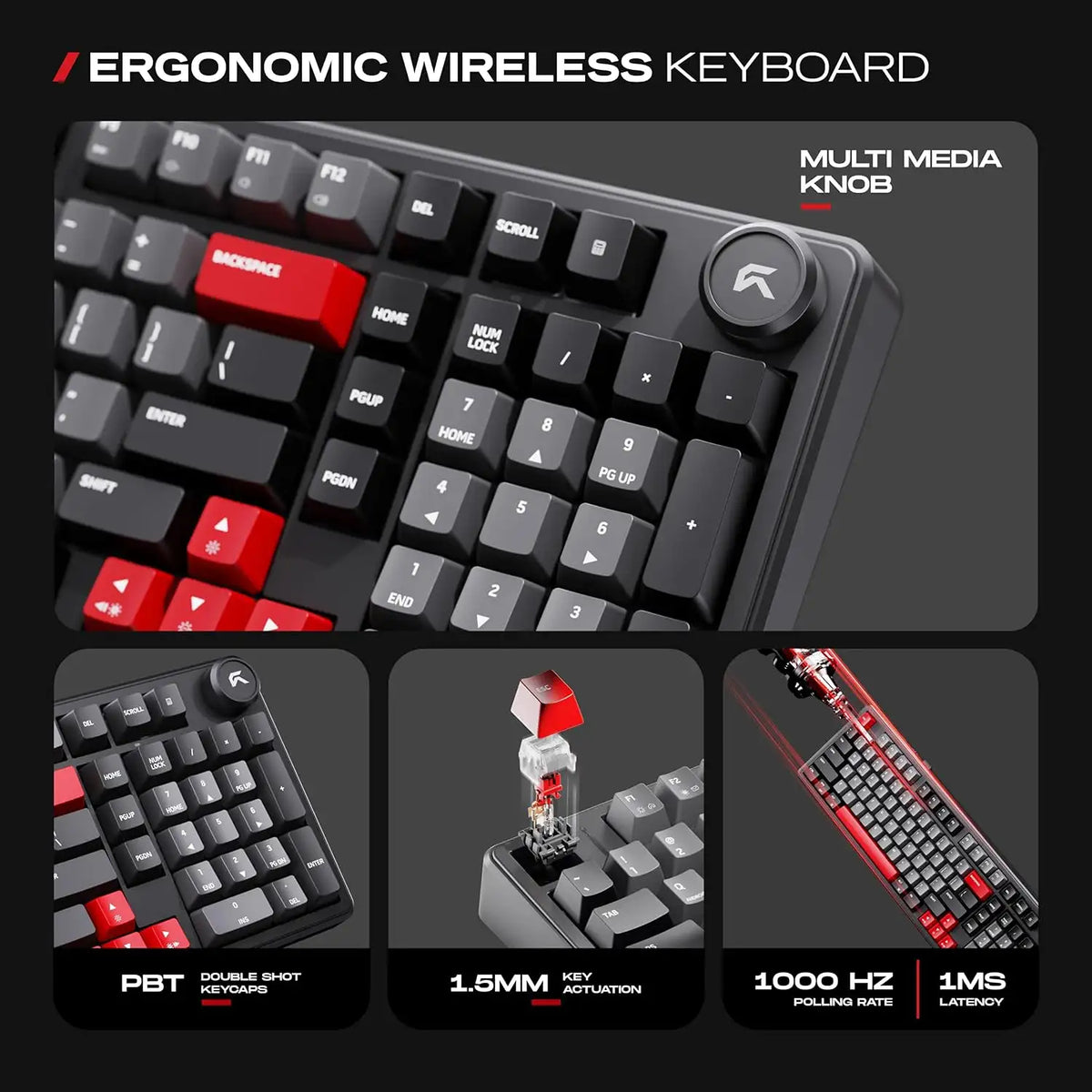 Close-up view of multi media knob, double shot PBT keycaps, 1.5mm actuation switch, and 1000Hz polling rate on CYBEART Akula 99 Wireless Mechanical Gaming Keyboard Tri-Mode RGB -tpstech.in