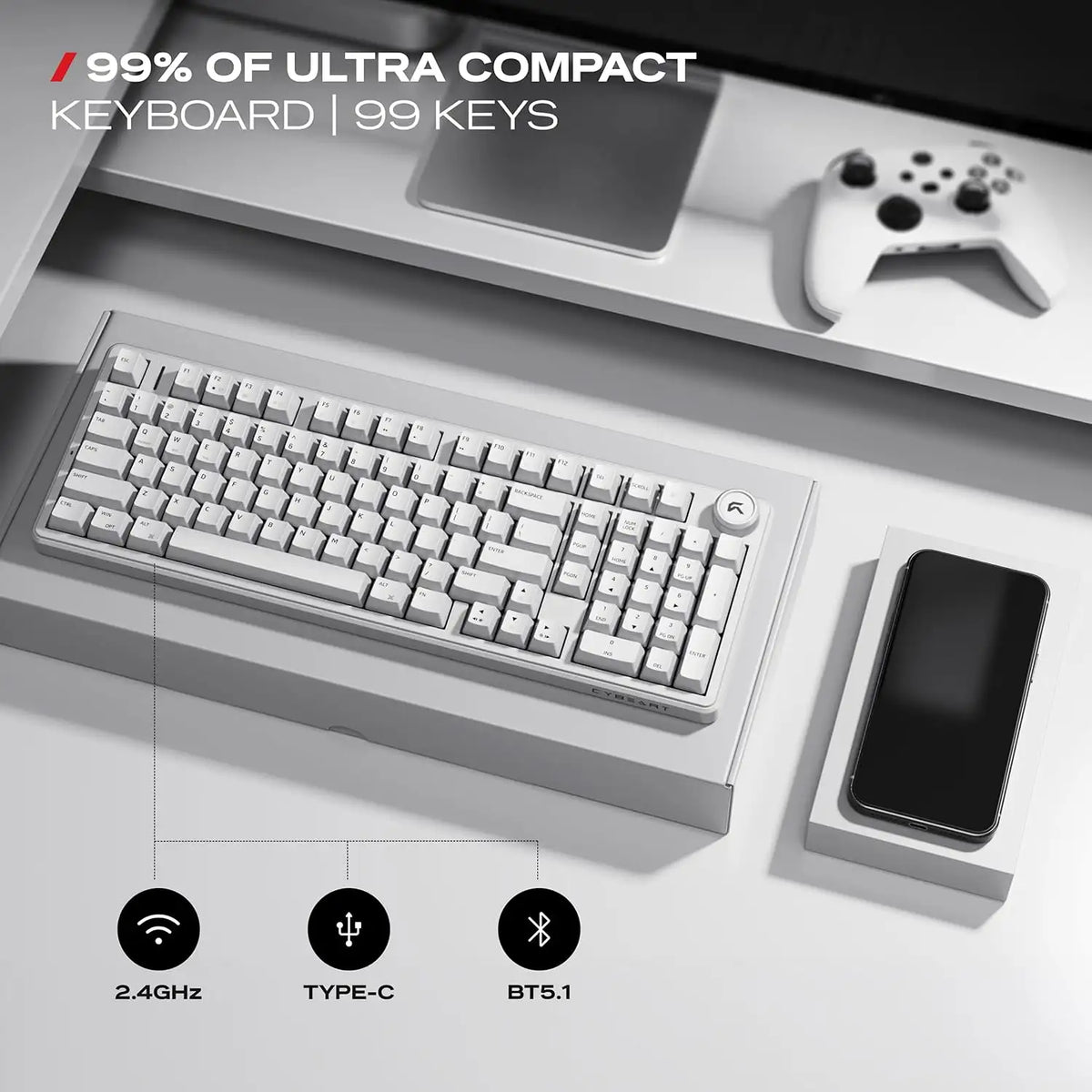 CYBEART Akula 99 Wireless Mechanical Keyboard White 99-key compact layout with tri-mode connectivity on desk setup -tpstech.in