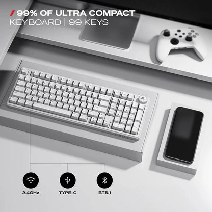 CYBEART Akula 99 Wireless Mechanical Keyboard White 99-key compact layout with tri-mode connectivity on desk setup -tpstech.in