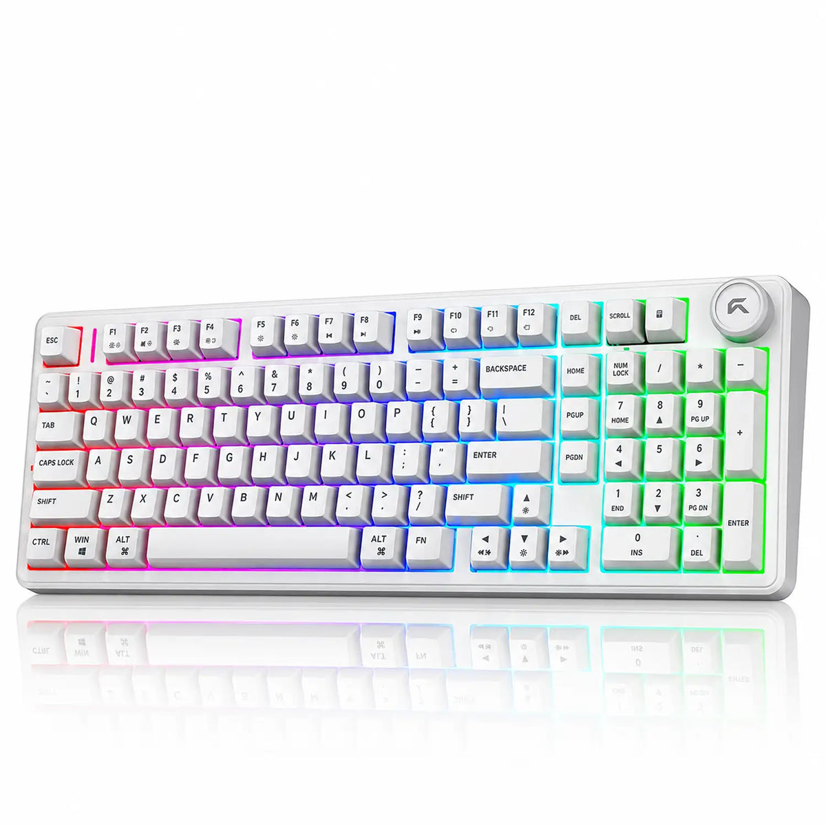 Side angled perspective view of CYBEART Akula 99 Wireless Mechanical Keyboard White showing full RGB backlight illumination -tpstech.in
