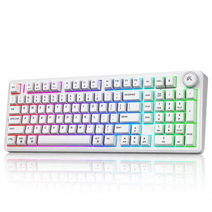 Side angled perspective view of CYBEART Akula 99 Wireless Mechanical Keyboard White showing full RGB backlight illumination -tpstech.in
