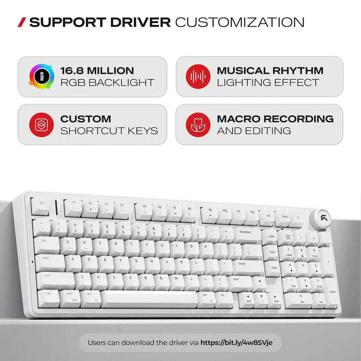 Software driver customization, shortcut keys, and macro recording support for CYBEART Akula 99 Wireless Mechanical Keyboard White -tpstech.in