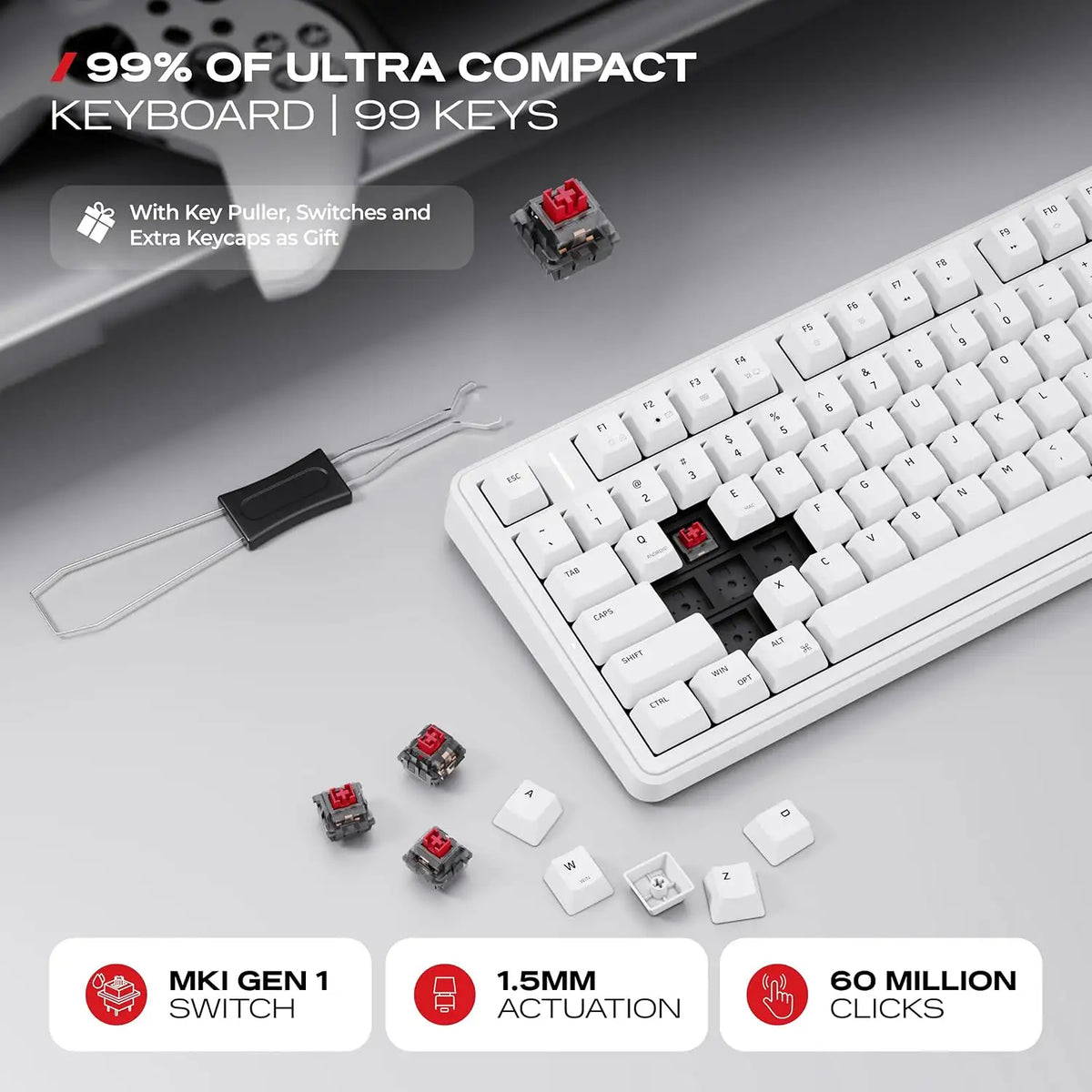 Keycap puller with extra keycaps and MKI Gen 1 linear switches for CYBEART Akula 99 Wireless Mechanical Keyboard White -tpstech.in