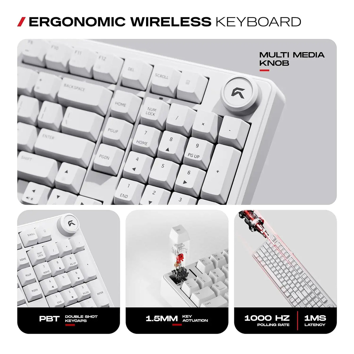 Close-up of multi media volume knob, double shot PBT keycaps, and 1000Hz polling rate on CYBEART Akula 99 Wireless Mechanical Keyboard White -tpstech.in