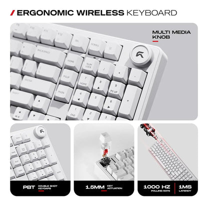 Close-up of multi media volume knob, double shot PBT keycaps, and 1000Hz polling rate on CYBEART Akula 99 Wireless Mechanical Keyboard White -tpstech.in