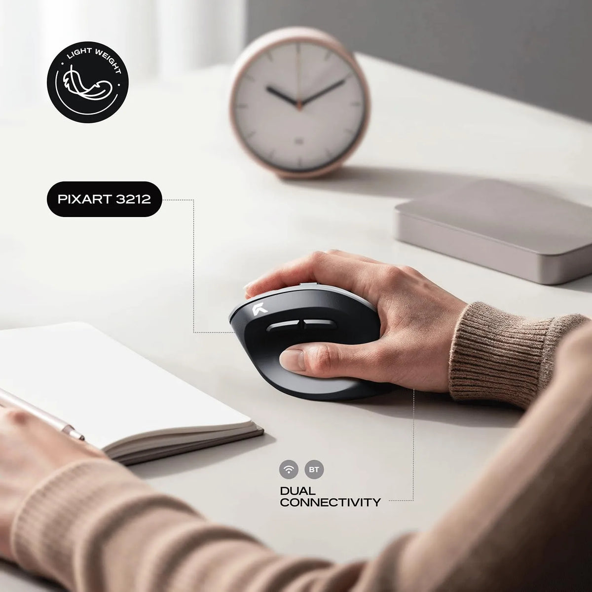 Hand resting naturally on Cybeart Arcus Wireless Ergonomic Mouse 2400 DPI (Black) featuring PixArt 3212 sensor and dual wireless connectivity -tpstech.in