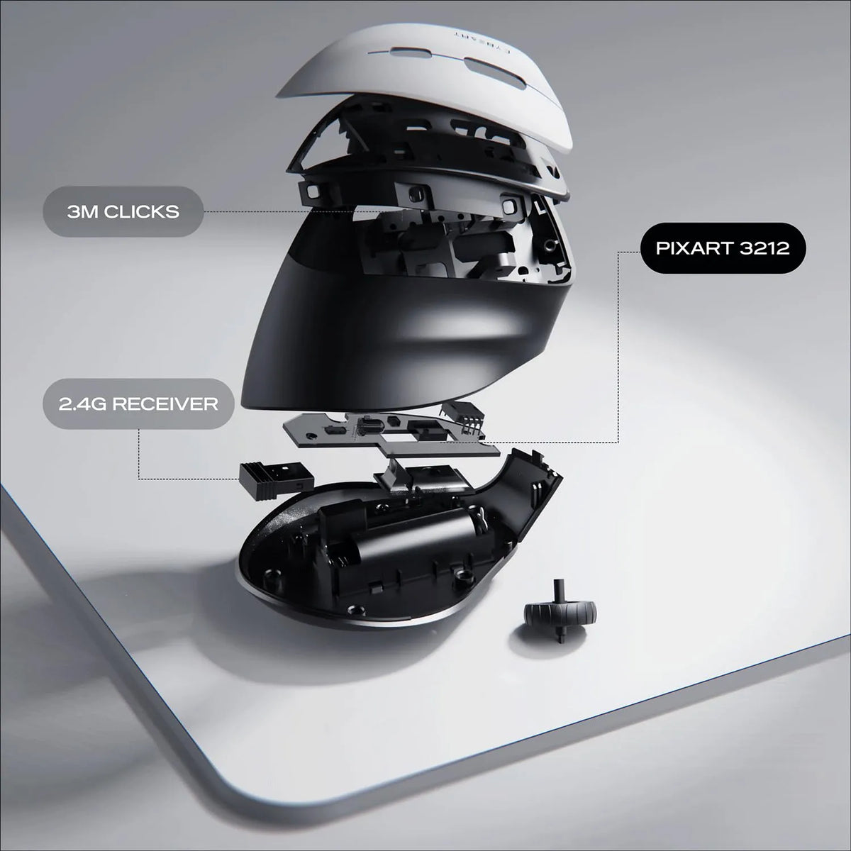 Exploded view of Cybeart Arcus Wireless Ergonomic Mouse 2400 DPI (Black) internal parts showing 2.4G receiver PixArt 3212 optical sensor and 3M clicks switches -tpstech.in