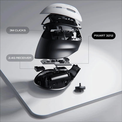 Exploded view of Cybeart Arcus Wireless Ergonomic Mouse 2400 DPI (Black) internal parts showing 2.4G receiver PixArt 3212 optical sensor and 3M clicks switches -tpstech.in