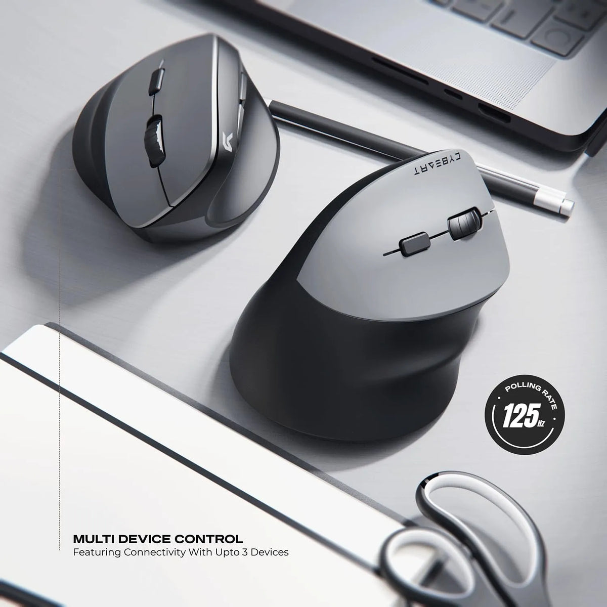 Cybeart Arcus Wireless Ergonomic Mouse 2400 DPI (Black) in office workspace setup showing multi device control pairing up to 3 devices -tpstech.in