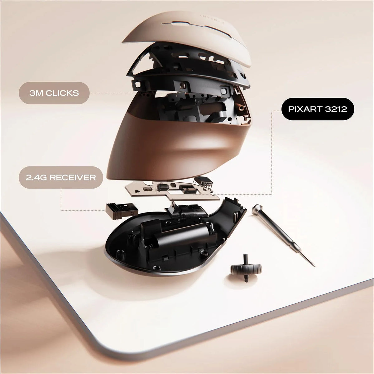 Exploded internal view of Cybeart Arcus Wireless Ergonomic Mouse 2400 DPI Dual Mode (Mocha Mousse) displaying PixArt 3212 sensor and 2.4G receiver -tpstech.in