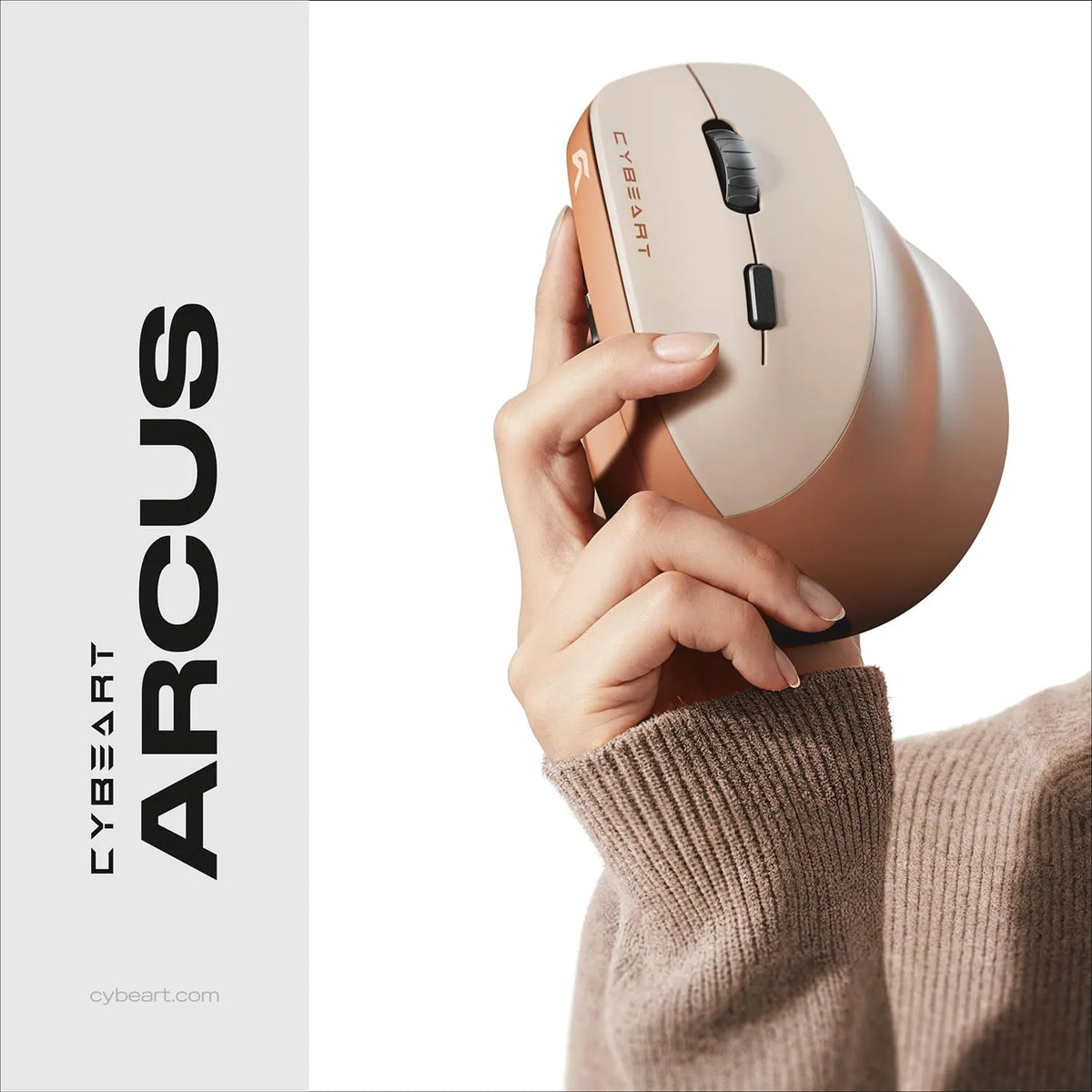 Person holding Cybeart Arcus Wireless Ergonomic Mouse 2400 DPI Dual Mode (Mocha Mousse) demonstrating comfortable palm grip design -tpstech.in