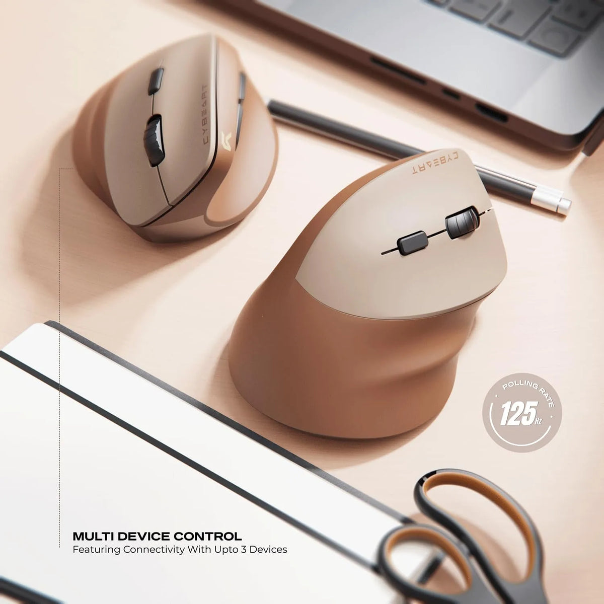 Cybeart Arcus Wireless Ergonomic Mouse 2400 DPI Dual Mode (Mocha Mousse) desktop setup showing multi device control up to 3 devices -tpstech.in