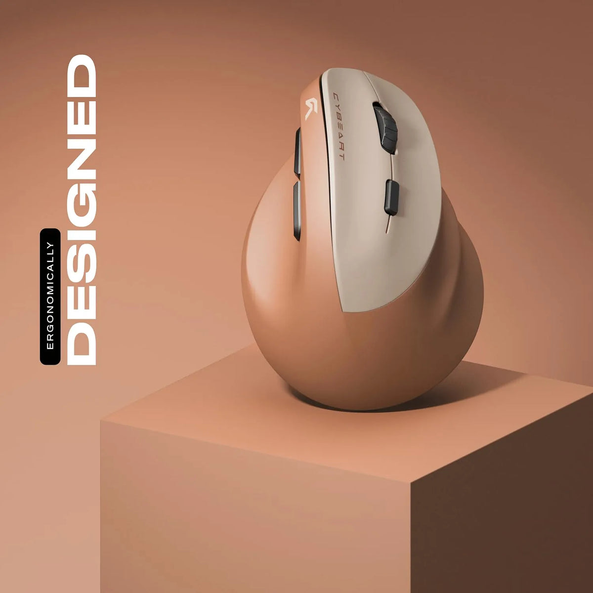 Cybeart Arcus Wireless Ergonomic Mouse 2400 DPI Dual Mode (Mocha Mousse) displayed on pedestal highlighting ergonomic vertical posture -tpstech.in