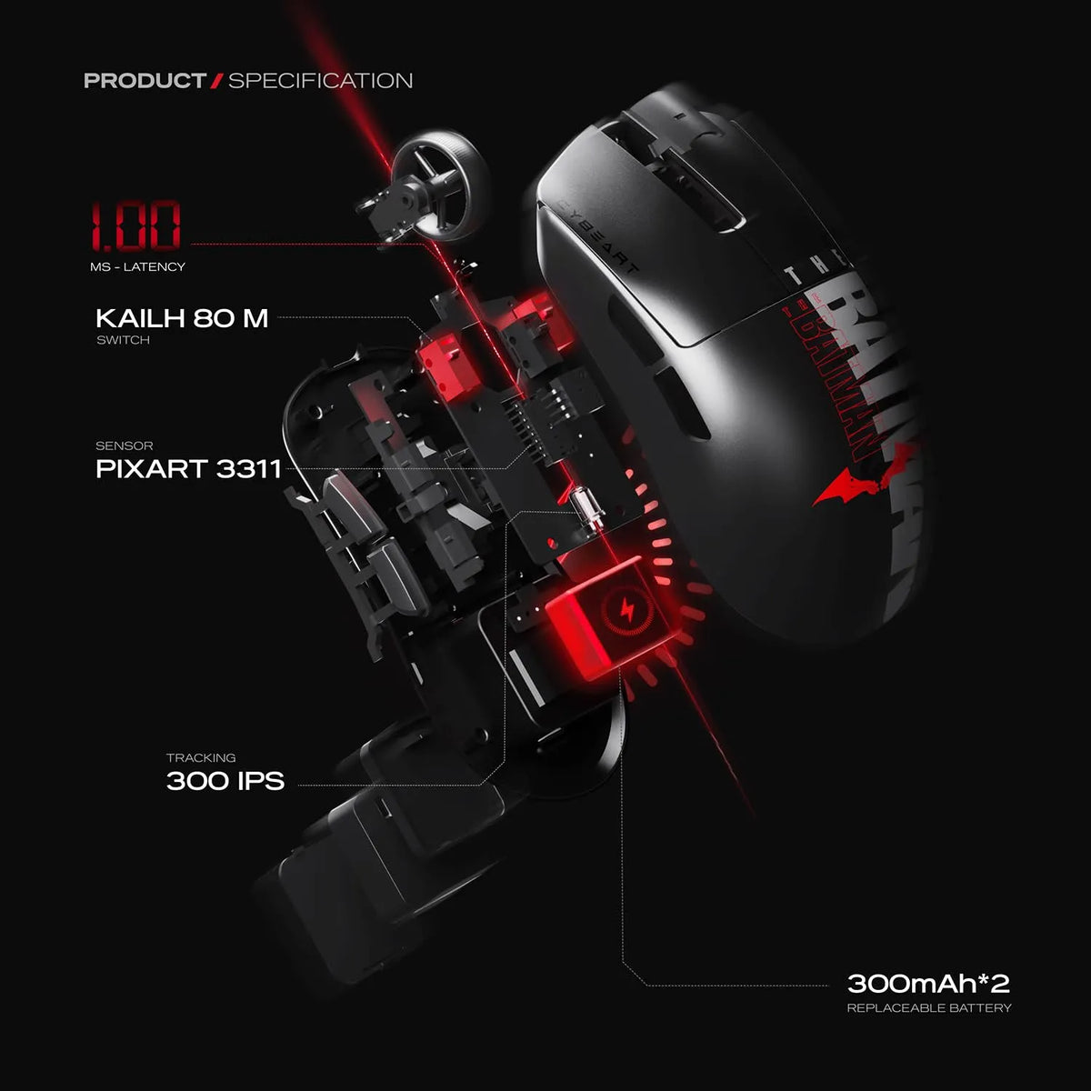 Exploded internal view of Cybeart Artemis The Batman 52g Ultra-Light Wireless Gaming Mouse showing Kailh 80M switch and swappable battery -tpstech.in