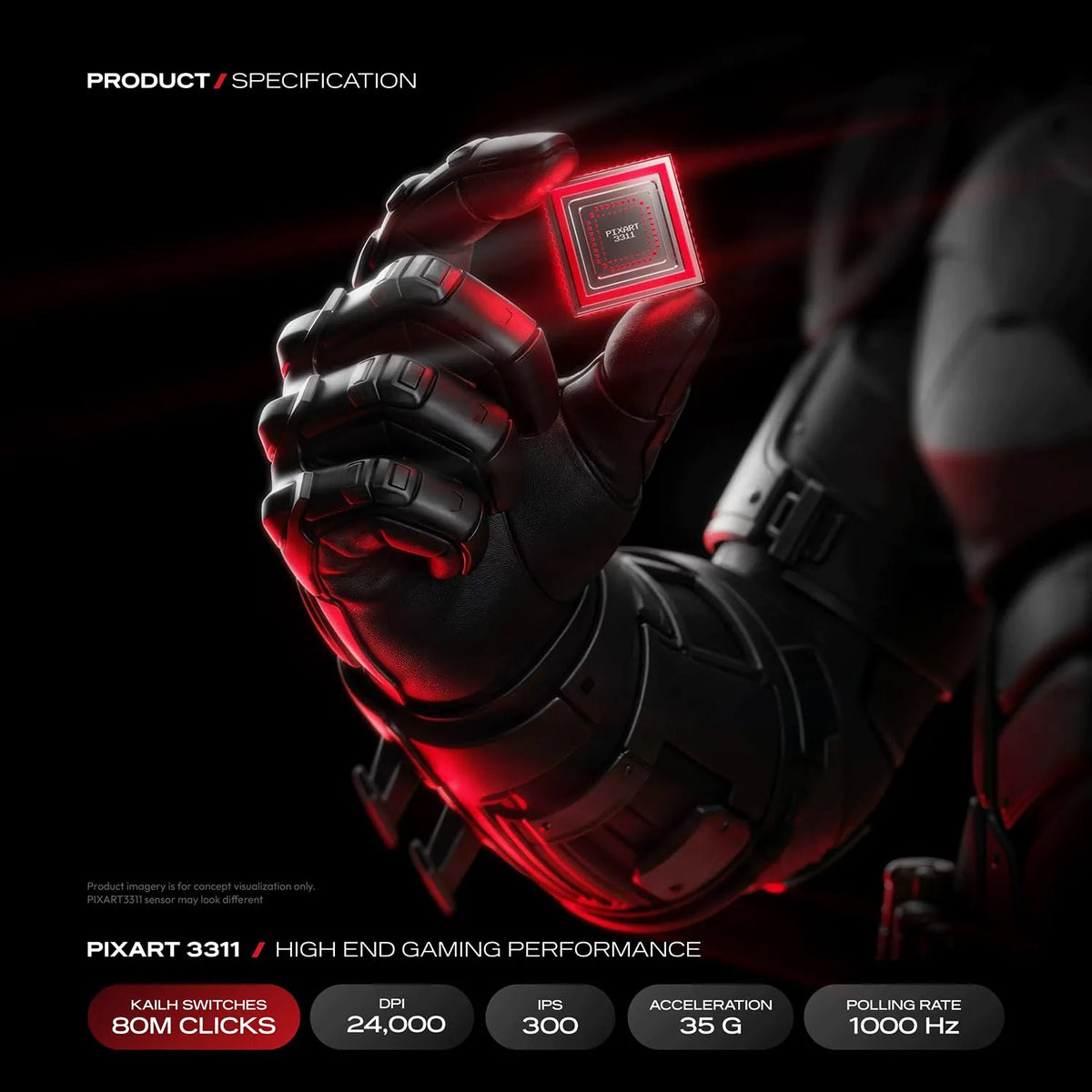 Armored hand holding PixArt 3311 sensor chip for Cybeart Artemis The Batman 52g Ultra-Light Wireless Gaming Mouse -tpstech.in