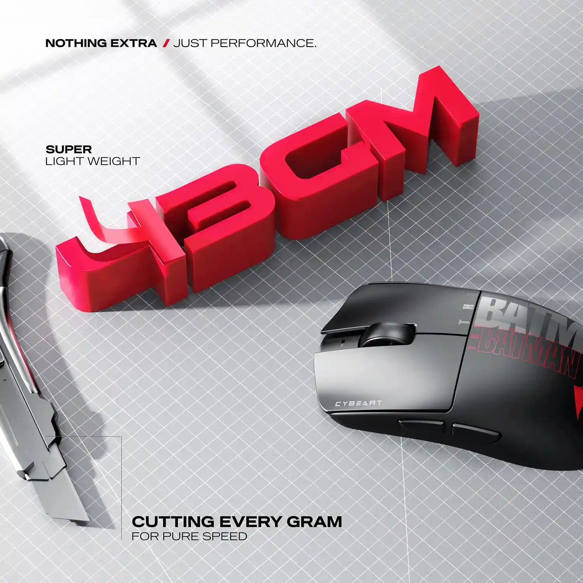 Cybeart Artemis The Batman 52g Ultra-Light Wireless Gaming Mouse showcasing lightweight body design on cutting mat -tpstech.in