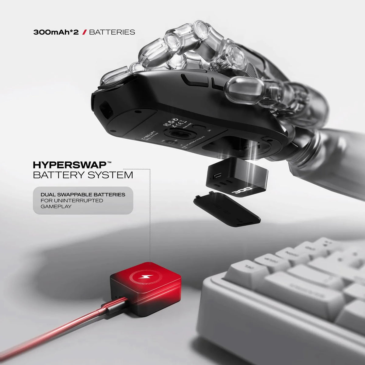 Hyperswap dual swappable battery system with red charging dock for Cybeart Artemis The Batman 52g Ultra-Light Wireless Gaming Mouse -tpstech.in