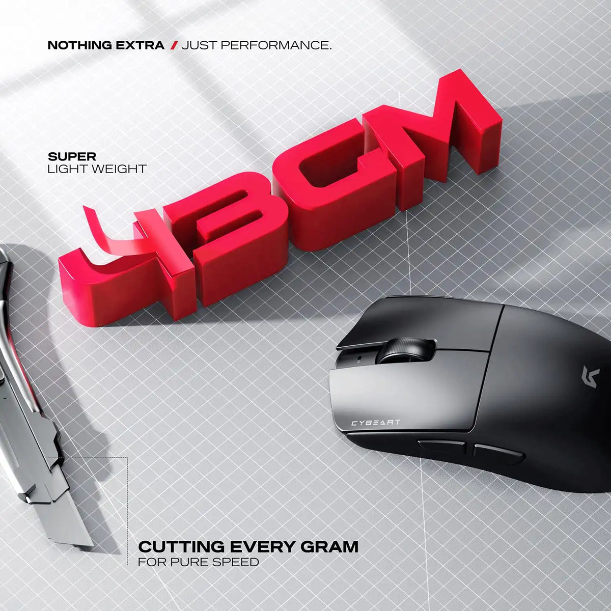 Cybeart Artemis 52g Ultra-Light Wireless Gaming Mouse showing pure speed lightweight 43g body design -tpstech.in