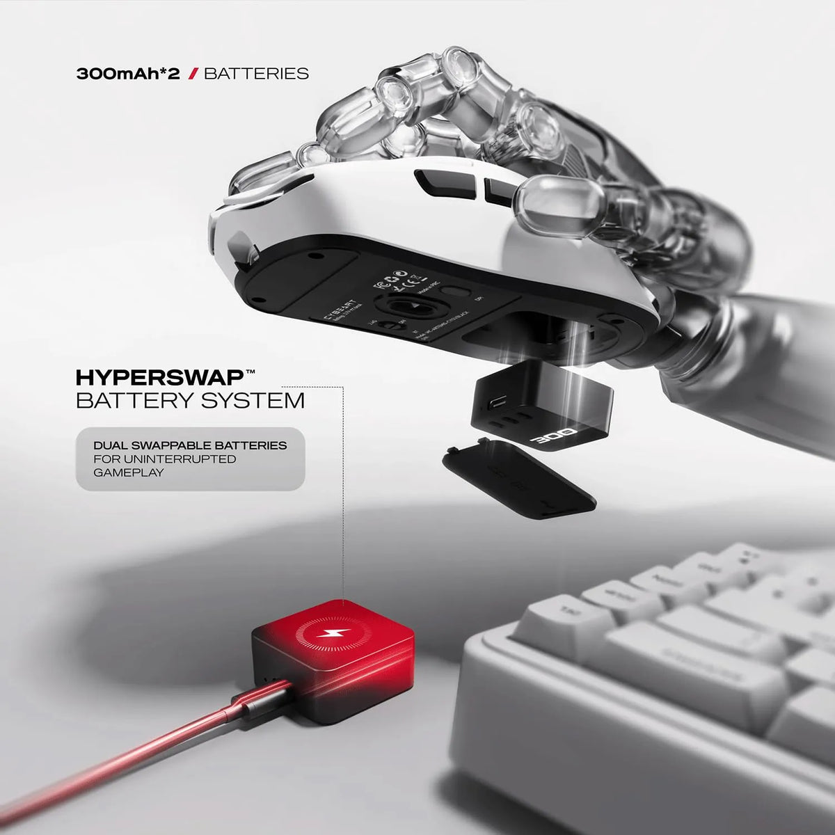 Hyperswap battery system with 300mAh swappable battery and red charging dock for Cybeart Artemis 52g Ultra-Light Wireless Gaming Mouse - White -tpstech.in