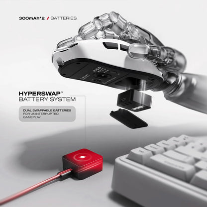 Hyperswap battery system with 300mAh swappable battery and red charging dock for Cybeart Artemis 52g Ultra-Light Wireless Gaming Mouse - White -tpstech.in