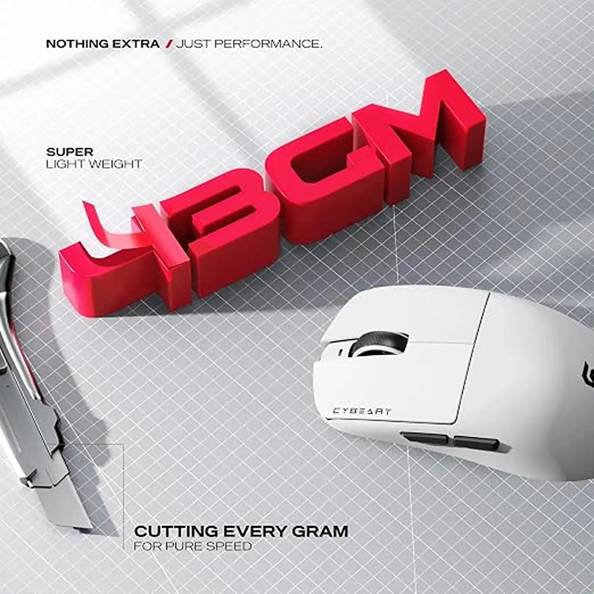 Cybeart Artemis 52g Ultra-Light Wireless Gaming Mouse - White lightweight ergonomic body on cutting mat -tpstech.in