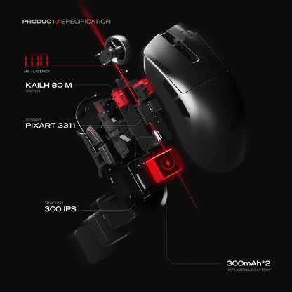 Exploded view of Cybeart Artemis 52g Ultra-Light Wireless Gaming Mouse showing PixArt 3311 sensor Kailh 80M switch and swappable battery -tpstech.in