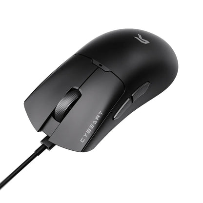 Cybeart Ghost 49g Ultra-light Wired Gaming Mouse angled profile showing side buttons and matte black shell -tpstech.in