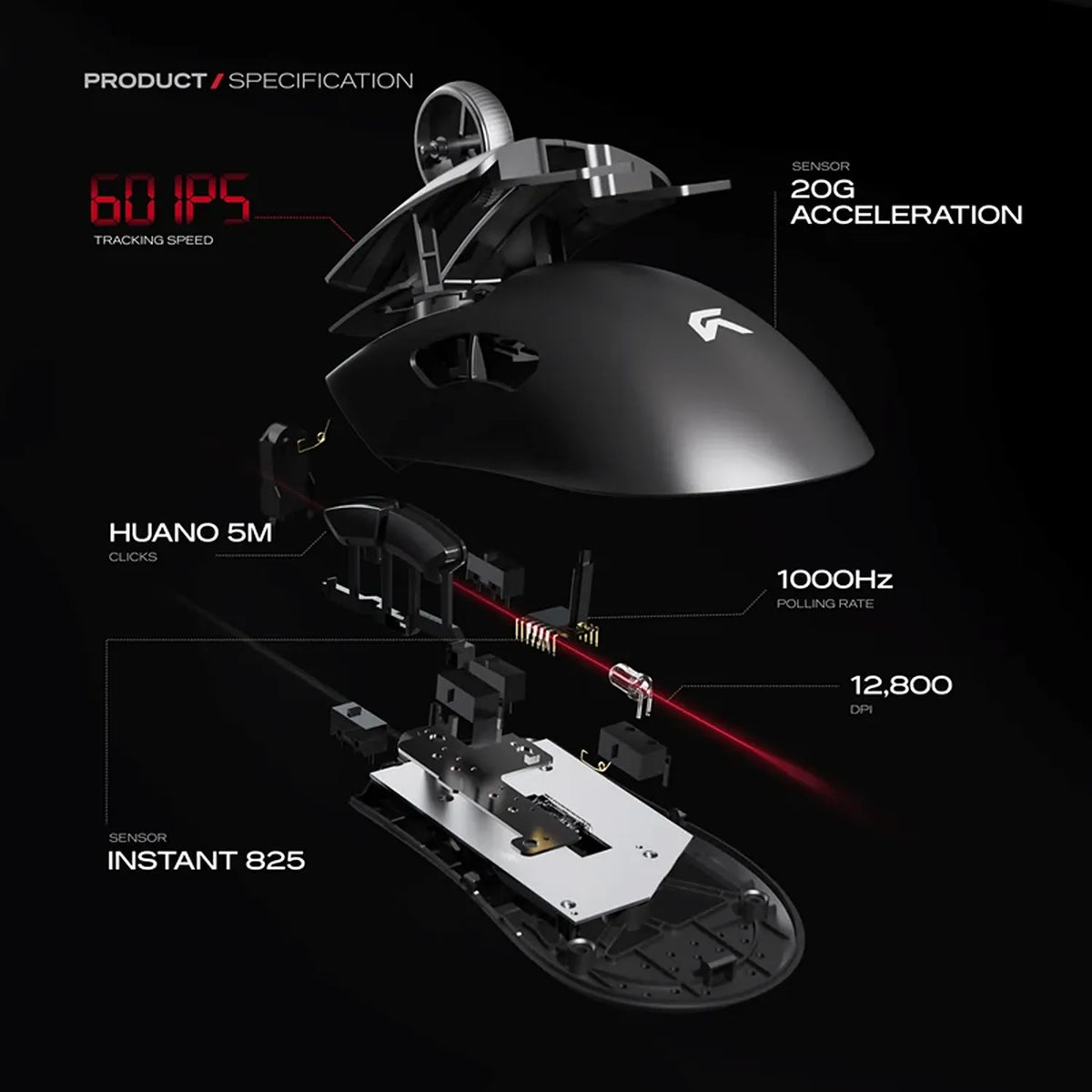 Cybeart Ghost 49g Ultra-light Wired Gaming Mouse exploded component diagram showing Huano 5M switches and sensor -tpstech.in