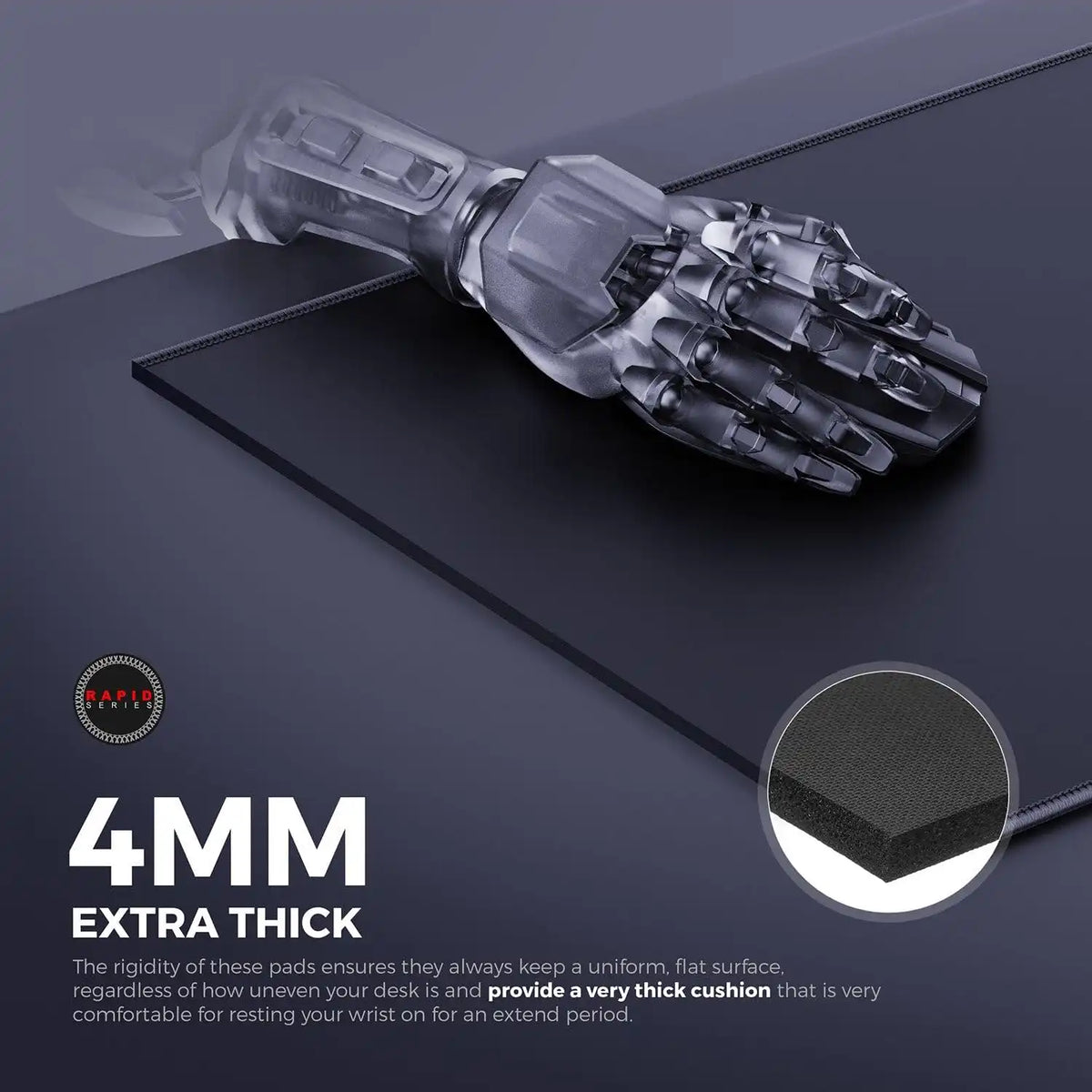 Cross section view highlighting the 4mm extra thick comfort cushion of Cybeart Ghost gaming mouse pad large -tpstech.in